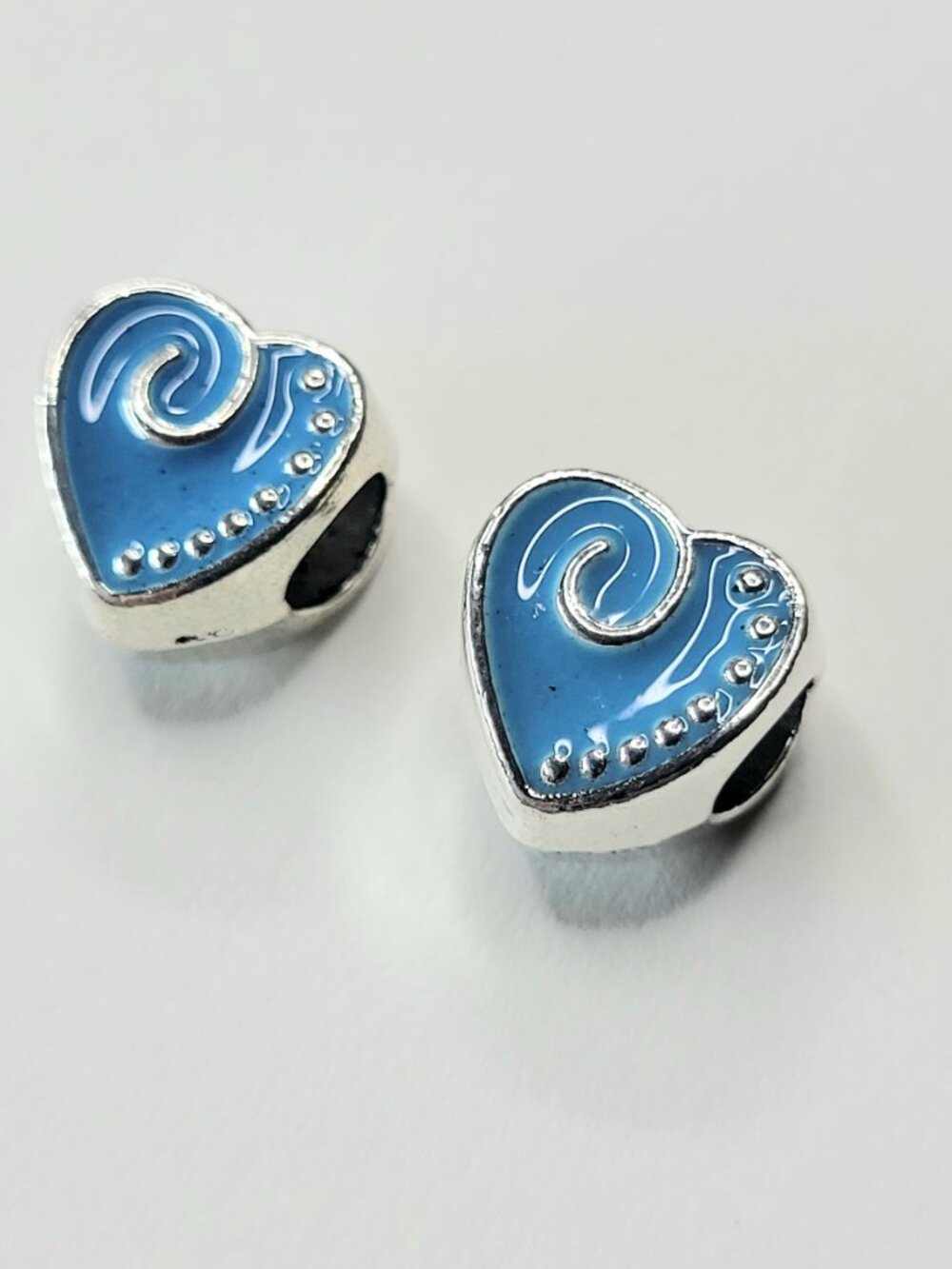 New! For Pandora Bracelets TWO Bright Blue And Silver Color Chunky Heart Charms - Picture 3 of 5